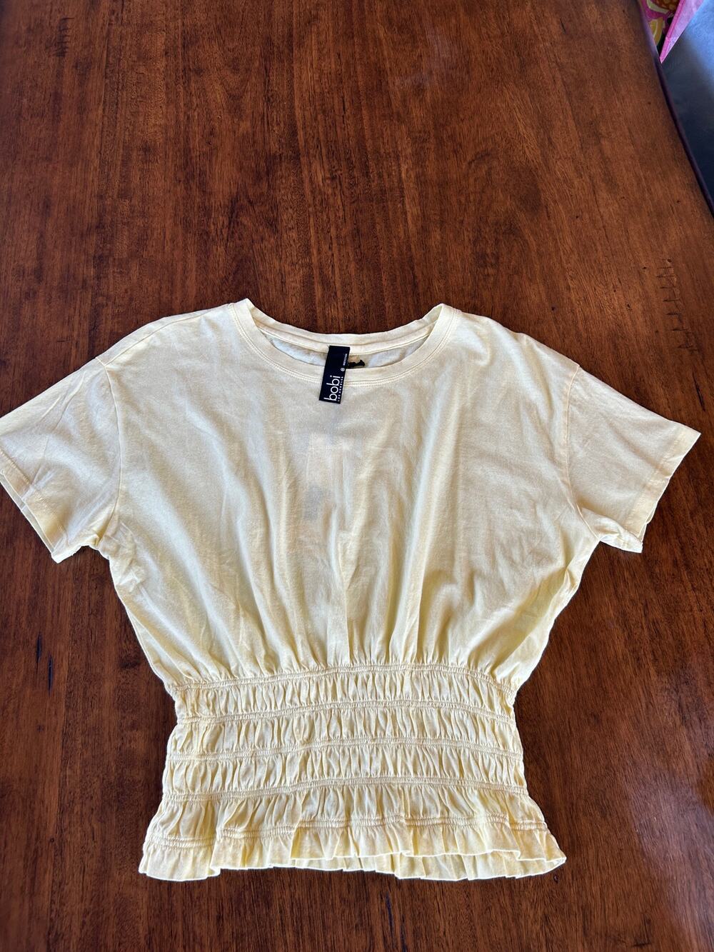 Bobi Los Angeles Smocked Waist Ruffle Hem Yellow Tee Size Medium NWT